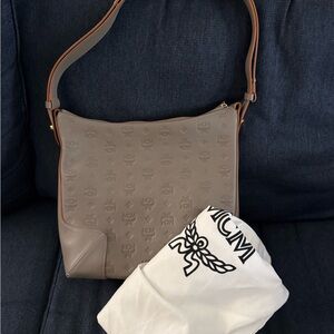 MCM Taupe Monogram Leather Shoulder Bag with Brown Trim